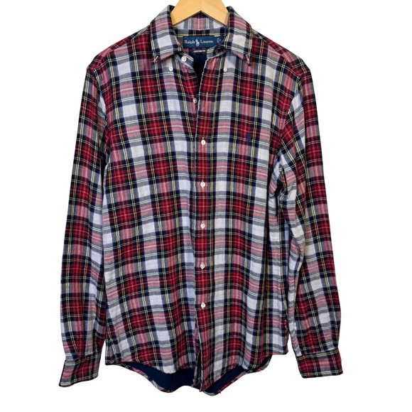 Ralph Lauren Flannel Shirt Mens Small S Red Plaid Long Sleeve Cotton Thick - Picture 1 of 9